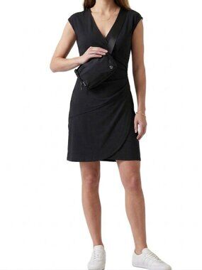 ATHLETA Nectar Faux Wrap Midi Dress Small Black Lightweight Travel